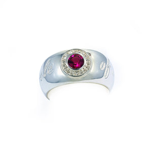 Sliver ring with red corundum & crystals